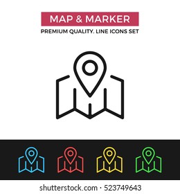 Mapa vectorial e icono de marcador. Conceptos de ubicación. Diseño gráfico de primera calidad. Signos modernos, colección de símbolos de esquema, iconos simples de línea delgada para sitios web, diseño web, aplicación móvil, infografías