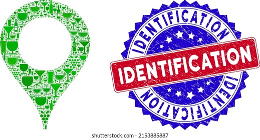 Vector map marker icon wine collage with grunge bicolor Identification stamp. Red and blue bicolored stamp with grunge texture and Identification caption.