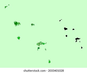 Mapa vectorial de las Islas Marquesas. Mosaico de hojas verdes de uva, botellas de vino. Mapa del mosaico de las islas Marquesas formado con botellas, bayas, hojas verdes. Mosaico abstracto útil para carteles de barras.