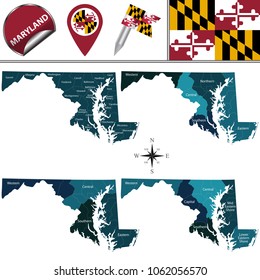Vector map of Maryland with named regions and travel icons