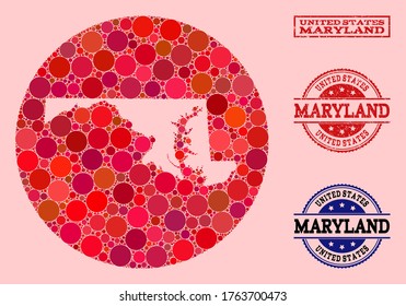 Vector map of Maryland State collage of spheric dots and red rubber seal stamp. Stencil round map of Maryland State collage created with circles in different sizes, and red color hues.