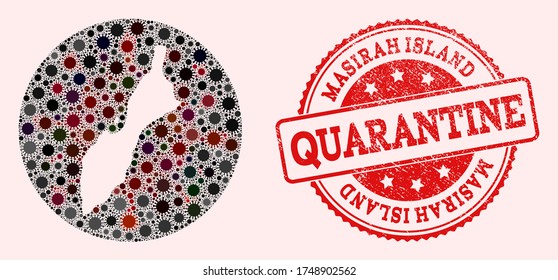 Vector map of Masirah Island collage of flu virus and red grunge quarantine stamp. Infection cells around the quarantine territory from outside.