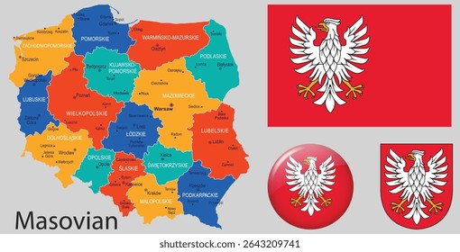 Vector map of Masovian Voivodeship with official coat of arms. Ideal for use in educational resources, maps, and regional identity designs.