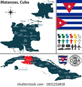 Mapa vectorial de la provincia de Matanzas y ubicación en el mapa cubano