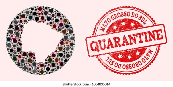 Vector map of Mato Grosso do Sul State collage of SARS virus and red grunge quarantine seal stamp. Infection cells attack the quarantine territory from out space.