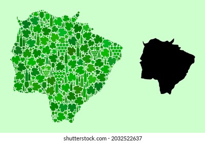 Mapa vectorial del estado de Mato Grosso Do Sul. Collage de hojas verdes de uva, botellas de vino. Mapa del collage del estado de Mato Grosso do Sul creado con botellas, uvas, hojas verdes.