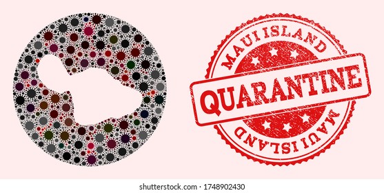 Vektorplan der Maui Island Kollektion von covid-2019 Virus und roten Grunge Quarantänesiegel. Infektionszellen um das Quarantänegebiet von außen.