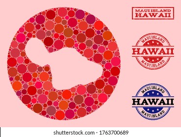 Vector map of Maui Island collage of round items and red scratched stamp. Stencil round map of Maui Island collage designed with circles in variable sizes, and red color tinges.