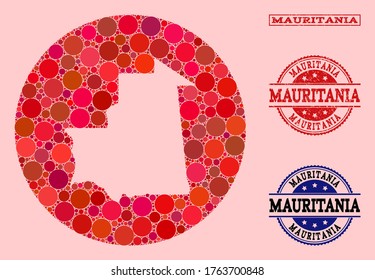 Vektorplan des mauretanischen Mosaiks mit runden Gegenständen und rotem Gummisiegel. Subtraktionsrunde Karte von Mauretanien Collage erstellt mit Kreise in verschiedenen Größen, und rote Farbtöne.
