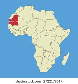 Mapa de Vector de Mauritania, ilustración de silueta de mapa de Vector aislado en el mapa de África. Estado del continente africano
