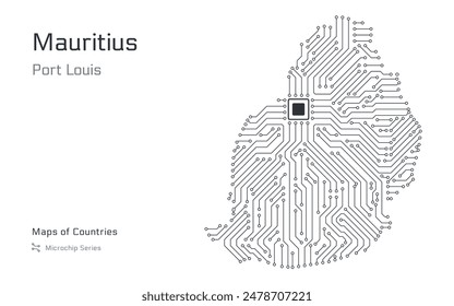 A vector map of Mauritius created from a microchip pattern, with the capital Port Louis depicted as a microchip