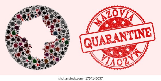 Vector map of Mazovia Province collage of covid-2019 virus and red grunge quarantine stamp. Infection cells attack the quarantine territory from out space.