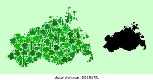 Vector Map of Mecklenburg-Vorpommern State. Mosaic of green grapes, wine bottles. Map of Mecklenburg-Vorpommern State collage formed from bottles, grapes, green leaves.