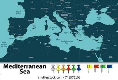 Vector Map Of Mediterranean Sea With Countries, Big Cities And Icons