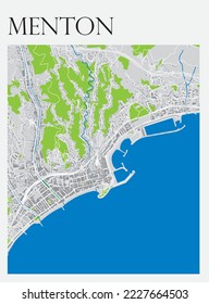 Vector map of Menton city. Street map poster illustration. Menton map art.