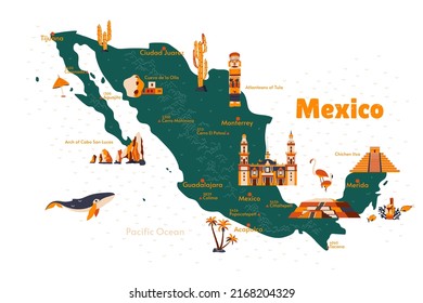 Vector map of Mexico. Attractions. Historical places. Tourism. Cities. Guide. North America. Acapulco. Chichen Itza. Atlanteans of Tula. Mexican mountains. Citlaltepetl. Popocatepetl. Teotihuacan.