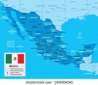 vector map of Mexico with borders of regions and flag in blue tones with ocean