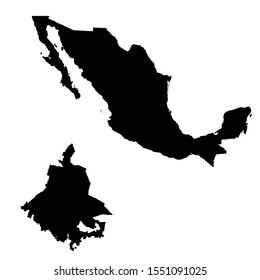 Vector map Mexico and Mexico city. Country and capital. Isolated vector Illustration. Black on White background. EPS 10 Illustration.