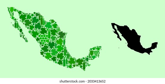 Vector Map of Mexico. Combination of green grapes, wine bottles. Map of Mexico collage designed from bottles, grapes, green leaves. Abstract collage is designed for advertising collages.