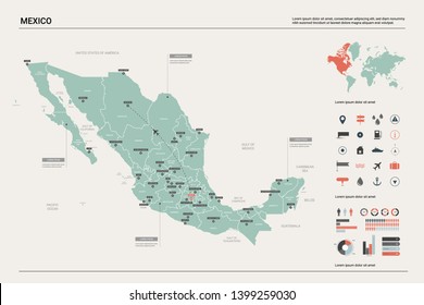 Vector map of Mexico. Country map with division, cities and capital. Political map,  world map, infographic elements.  