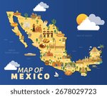 Vector map of Mexico with landmarks, culture, food, and attractions including Chichen Itza, Mexico City, mariachi, tacos, tequila, and traditional festivals.
