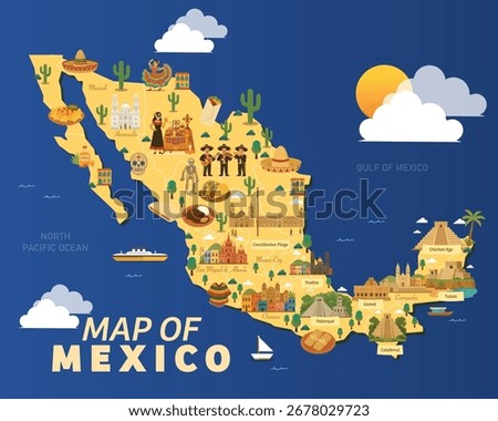Vector map of Mexico with landmarks, culture, food, and attractions including Chichen Itza, Mexico City, mariachi, tacos, tequila, and traditional festivals.