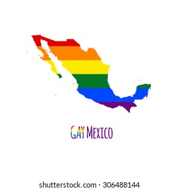 Vector map of Mexico in LGBT (lesbian, gay, bisexual, and transgender) flag colors and GAY Mexico caption on white background. Rainbow flag with denim textile texture.