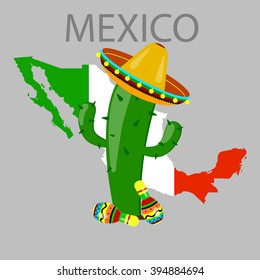 vector map of Mexico with the location of cacti, maracas, sombreros
