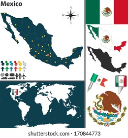 Vector map of Mexico with regions, coat of arms and location on world map