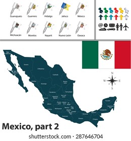 Vector map of Mexico with regions with flags 