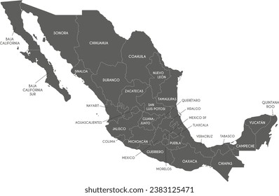 Vector map of Mexico with regions or or states and administrative divisions. Editable and clearly labeled layers.