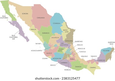 Vector map of Mexico with regions or or states and administrative divisions. Editable and clearly labeled layers.