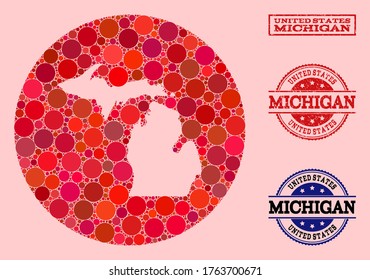 Vector map of Michigan State collage of circle elements and red grunge seal stamp. Stencil circle map of Michigan State collage composed with circles in various sizes, and red color tints.