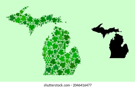 Vector Map of Michigan State. Combination of green grapes, wine bottles. Map of Michigan State collage designed from bottles, grapes, green leaves. Abstract collage designed for advertising promotion.