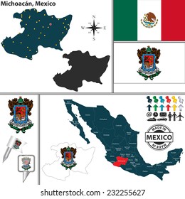 Vector map of Michoacan with coat of arms and location on Mexico map