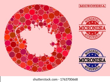 Vector map of Micronesia island collage of round elements and red watermark seal. Subtraction round map of Micronesia island collage composed with circles in variable sizes, and red color tinges.