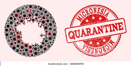 Vector map of Micronesia island collage of covid-2019 virus and red grunge quarantine seal stamp. Infection cells around the quarantine territory from outside.