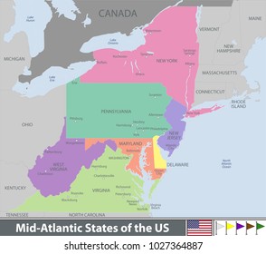 Vector map of Mid Atlantic states of the United States with neighboring states