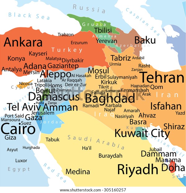 Vector Map Middle East Largest Cities Vector De Stock Libre De Vector Map Middle East Largest 600w 305160257 