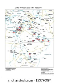 Vector map of the Middle East showing points for United States Embassies with labels and clean layers.