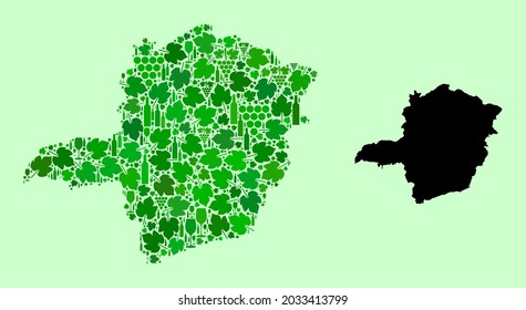 Vector Map of Minas Gerais State. Collage of green grape leaves, wine bottles. Map of Minas Gerais State collage designed from bottles, berries, green leaves.