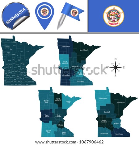 Vector map of Minnesota with named regions and travel icons