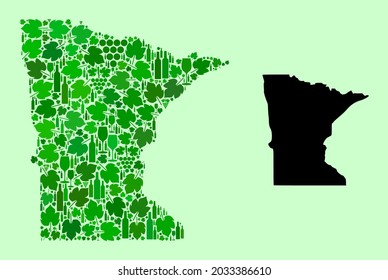 Vector Map of Minnesota State. Mosaic of green grape leaves, wine bottles. Map of Minnesota State mosaic created with bottles, grapes, green leaves.