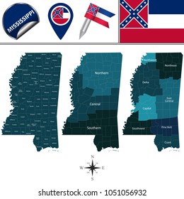 Vector map of Mississippi with named regions and travel icons