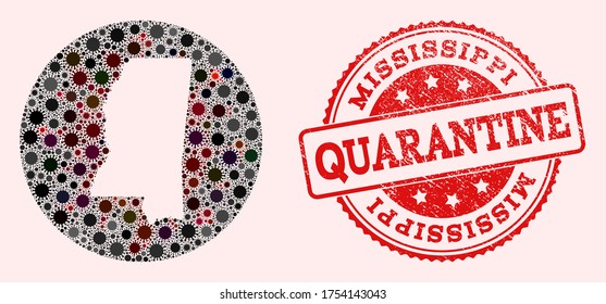 Vector map of Mississippi State collage of SARS virus and red grunge quarantine seal stamp. Infection cells attack the lockdown territory from external zone.
