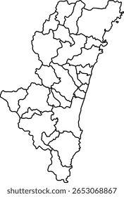Mapa vetorial da província de Miyazaki, Japão, mostrando cidades, distritos, litorais e altitude. Ideal para educação, turismo, infográficos e projetos geográficos ou relacionados ao design.