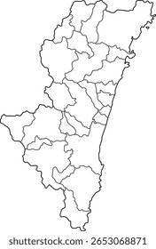Mapa vetorial da província de Miyazaki, Japão, mostrando cidades, distritos, litorais e altitude. Ideal para educação, turismo, infográficos e projetos geográficos ou relacionados ao design.