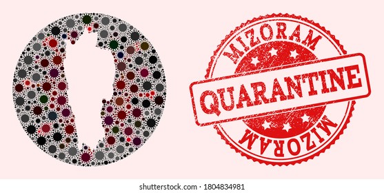 Vector map of Mizoram State collage of flu virus and red grunge quarantine stamp. Infection cells attack the lockdown territory from outside.