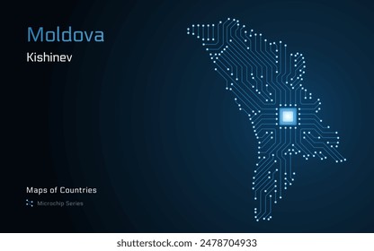 Mapa Vector de Moldavia creado a partir de un patrón de microchip, con la capital Chisinau representada como un microchip