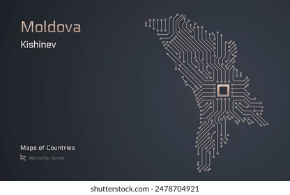 Mapa Vector de Moldavia, diseñado con un patrón de microchip, con la ciudad capital de Chisinau destacada como microchip